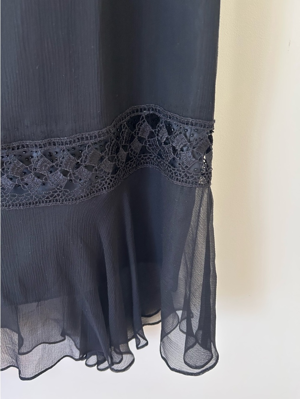 Vintage 90s Black Silk Midi Skirt with Crochet and Beaded Details
Size: M
GUC - Picture 4 of 12